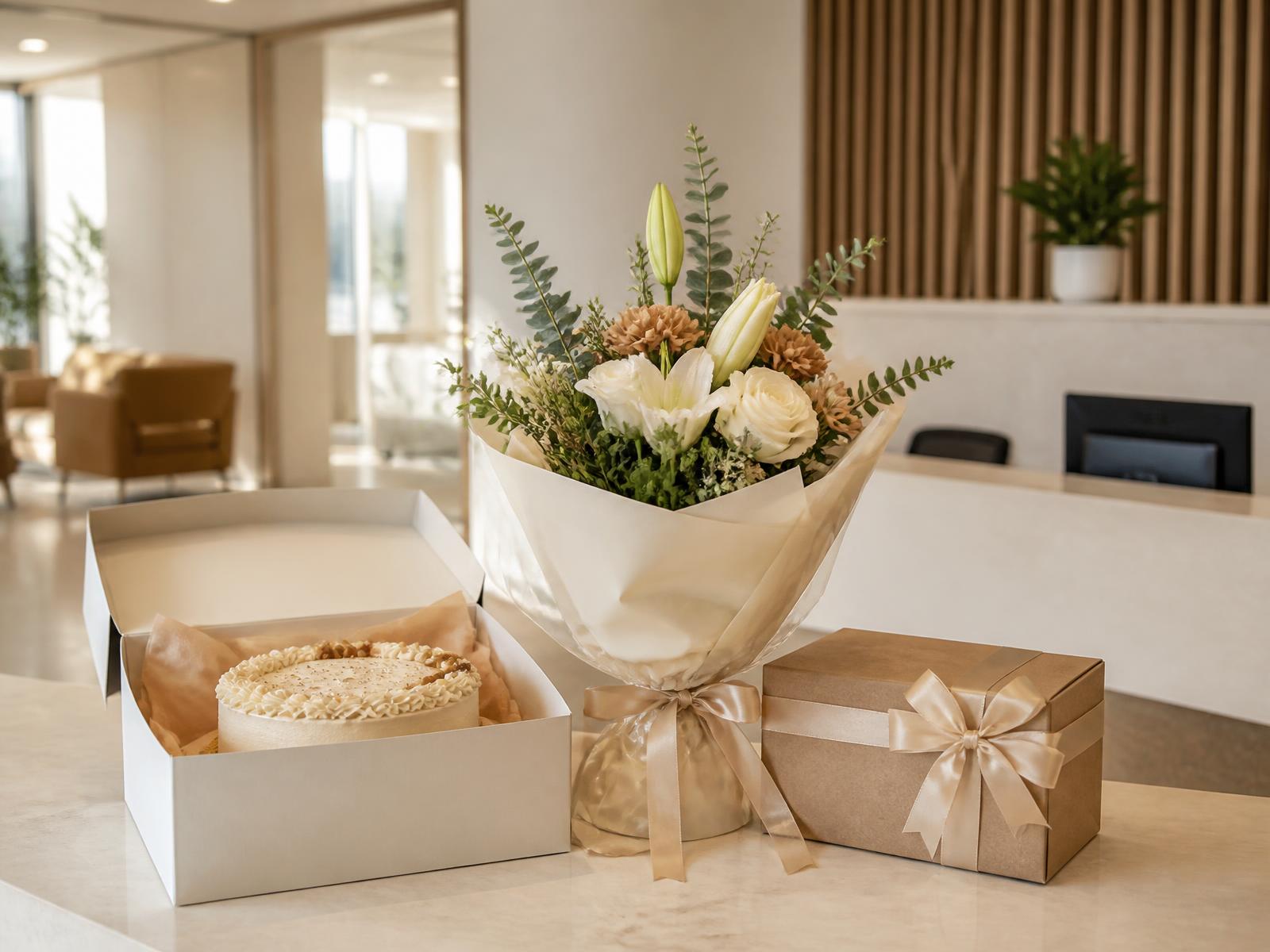 A birthday cake box, bouquet and wrapped gift on a modern office reception desk